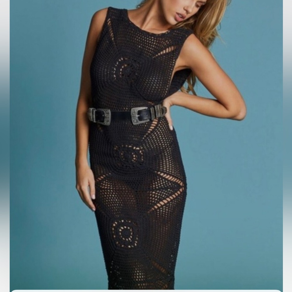 Frankie's Bikinis Veronica Cover-Up Dress Size XS Black Maxi Tassels Crochet